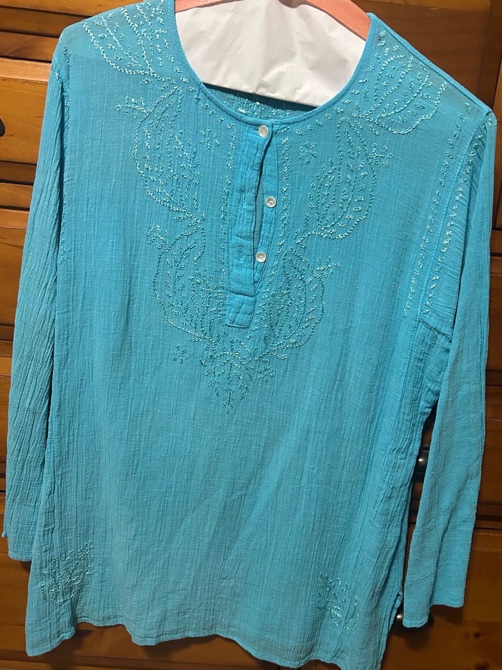 Turquoise Embroidered Flowery Light Long-Sleeve Shirt